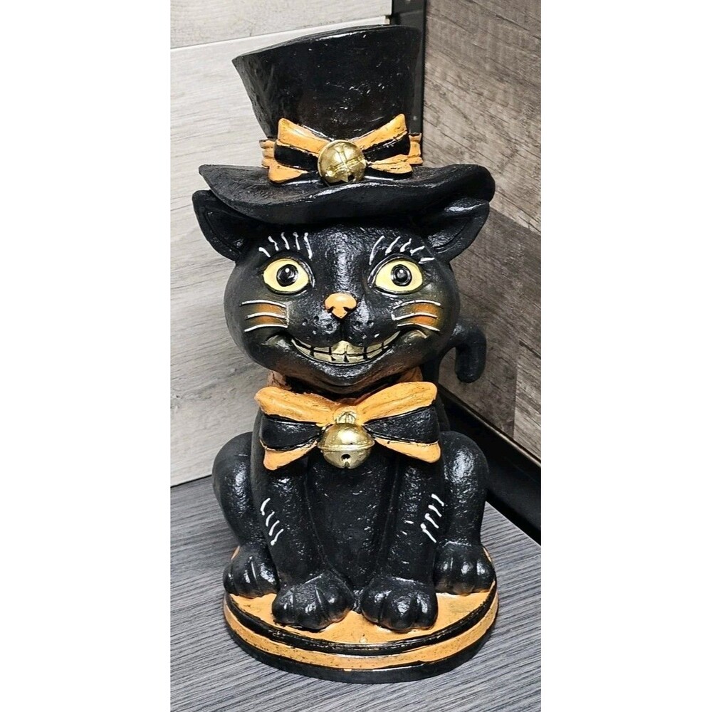 Resin Vintage Cat Tabletop Decor, Black & Orange 10" Tall Halloween